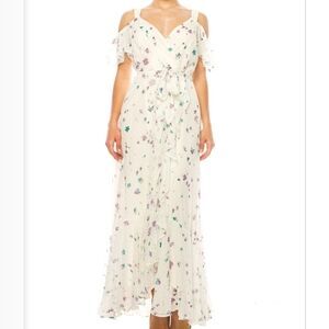 Maison Tara White Floral Cold Shoulder Midi Dress